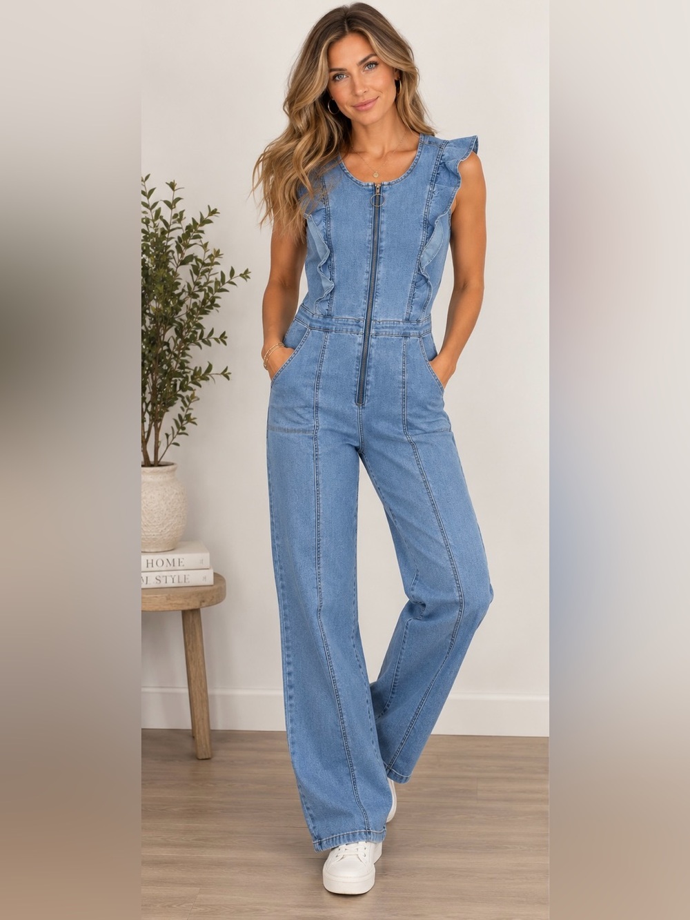 Hayden Light Blue Denim Ruffle sleeveless Jumpsuit Small Stretch Zip up New